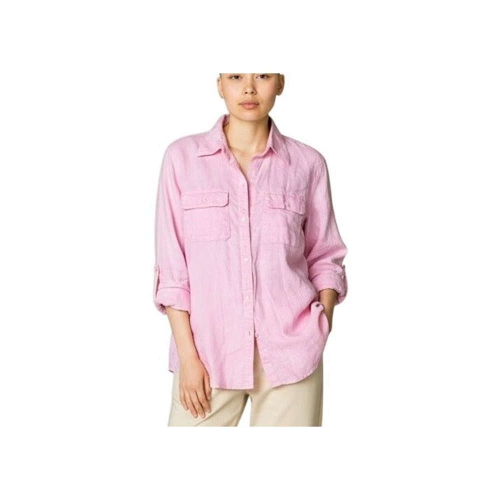 American Living Pink Adjustable Sleeves Pockets Button Up Linen Shirt‎ LARGE